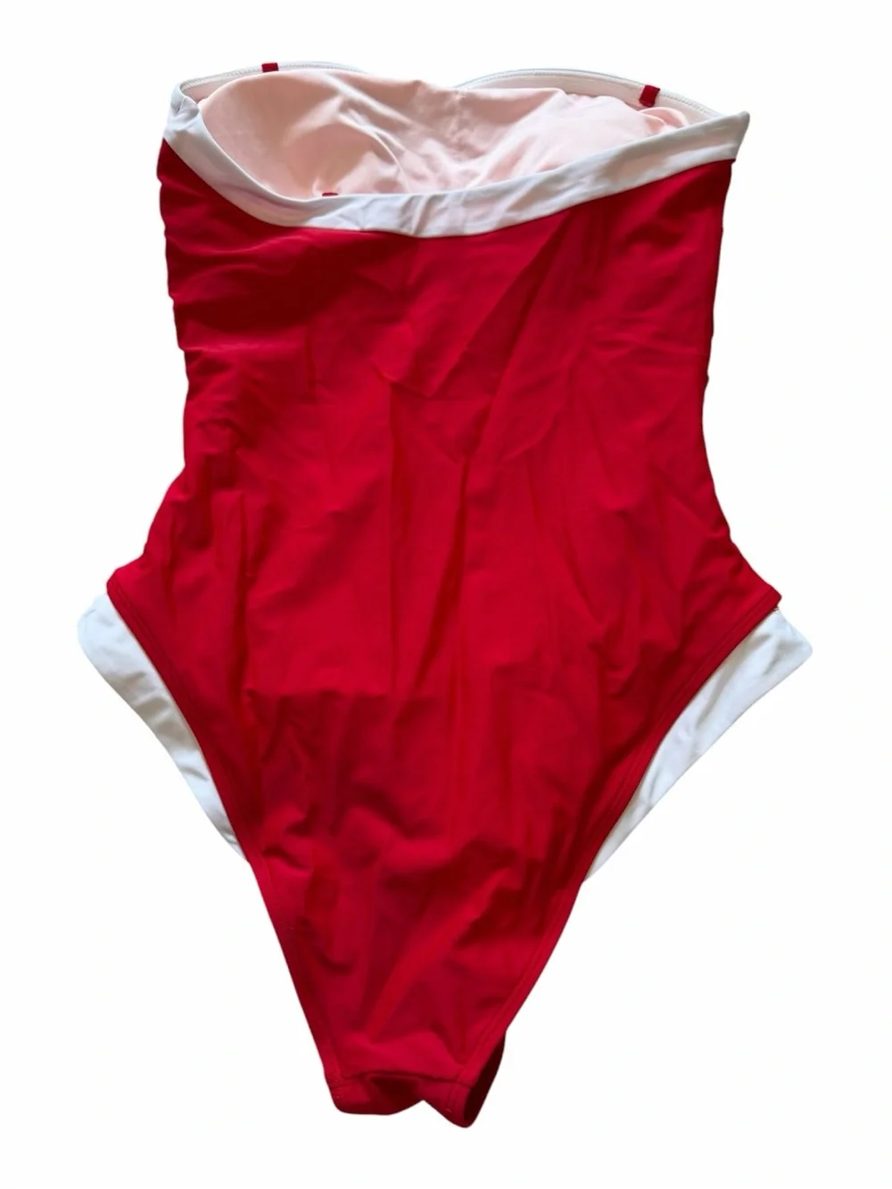 Red Strapless One-Piece Swimsuit with White Trim